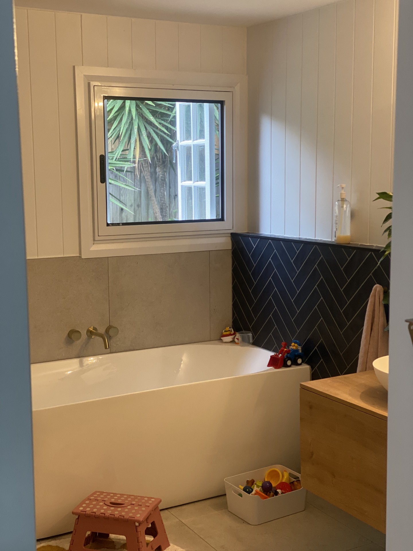 ForceField hinge window security screen in bathroom on casement window