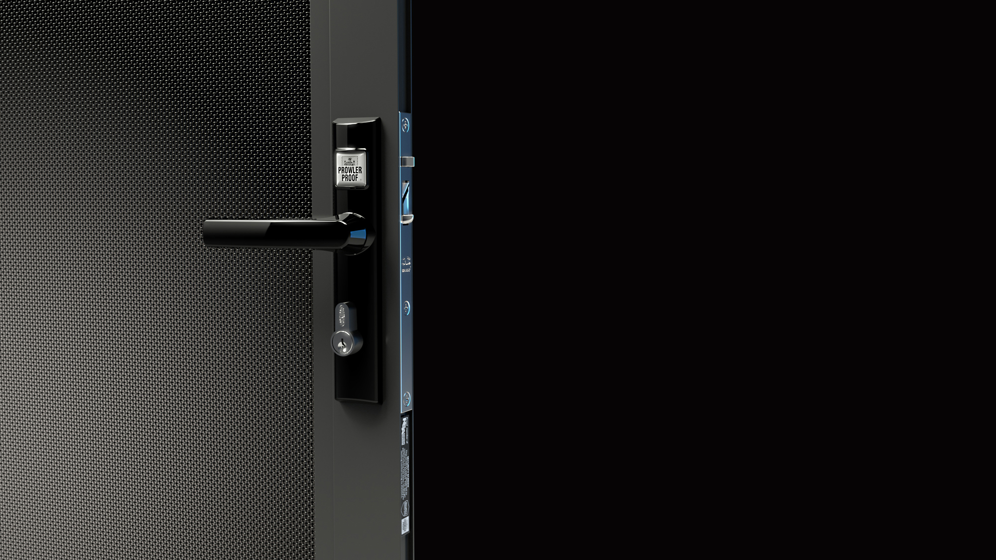 Black Prowler Proof security screen door showing textured mesh, handle and key lock in close-up.